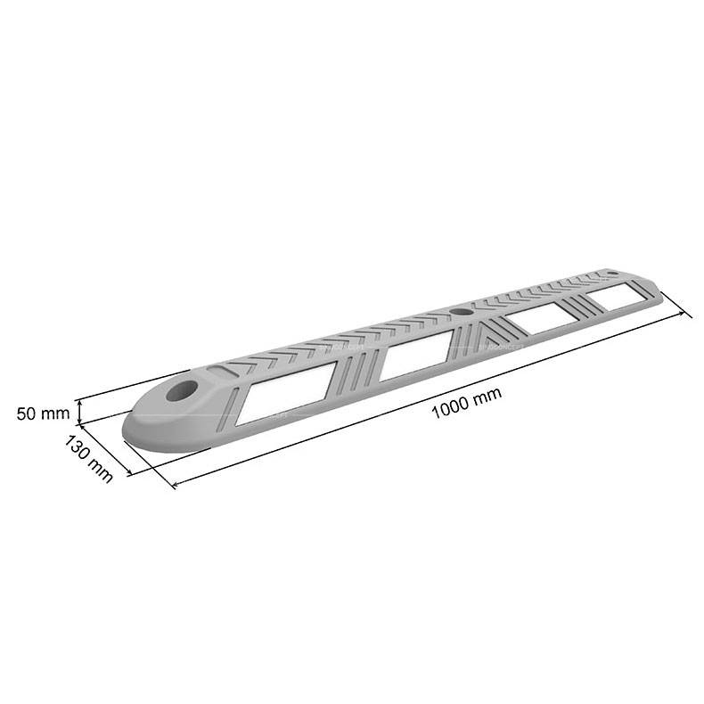 Dessin en 3D d'un séparateur de voie franchissable de type Éco montrant les dimensions, avec des films réfléchissants pour la gestion du trafic.