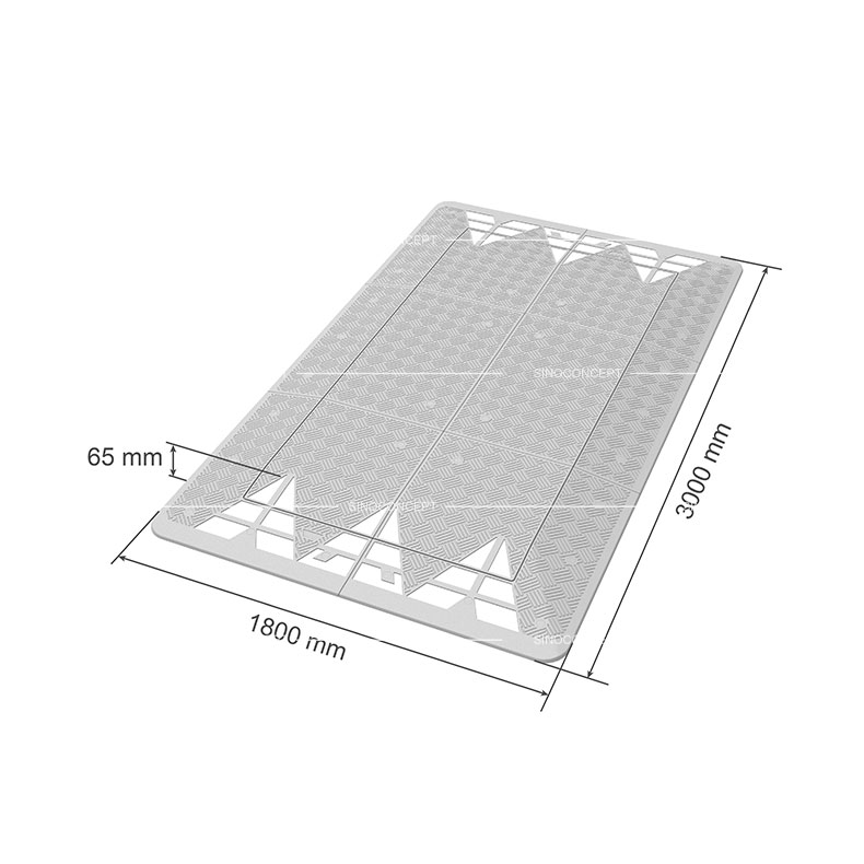 Dessin 3D d’un coussin berlinois de style européen Modèle en 6 parties, fabriqué en matériau composite plastique-caoutchouc,e dessin inclut les dimensions détaillées de chaque élément pour une gestion précise du trafic urbain.