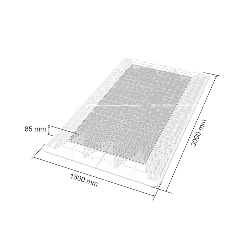 Dessin 3D d'un coussin berlinois en caoutchouc montrant les dimensions du type Belgique, avec des bandes réfléchissantes blanches pour la gestion du trafic.