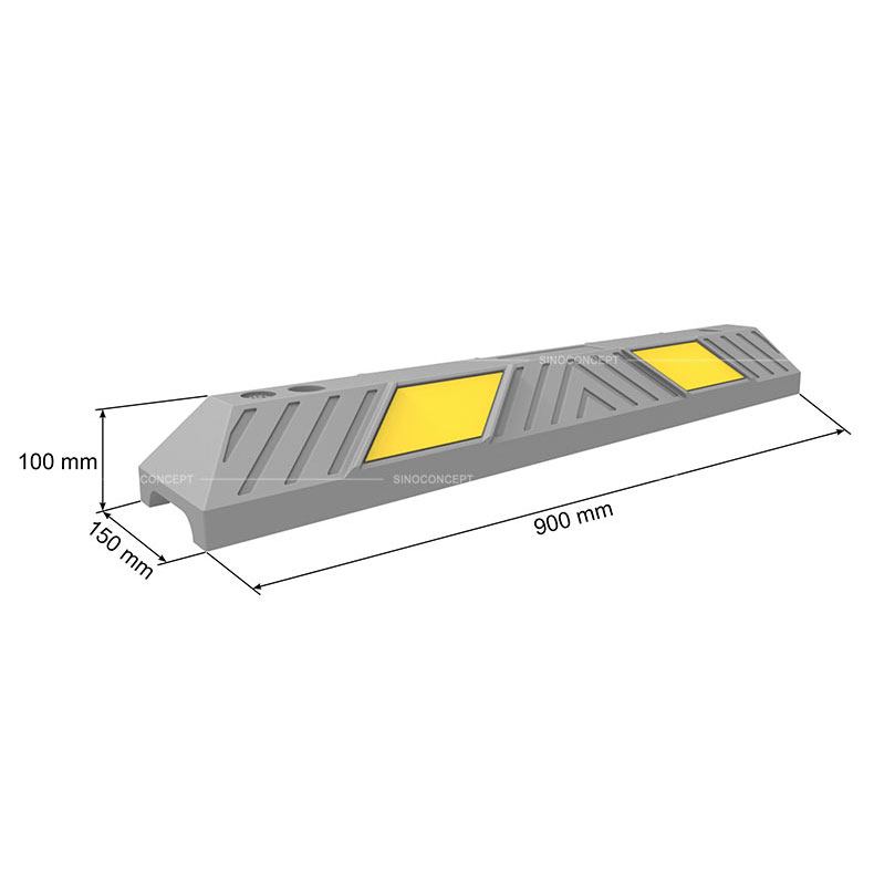 Dessin en 3D d'un butoir de parking montrant les dimensions du type 900 mm, avec des bandes réfléchissantes jaunes en billes de verre.