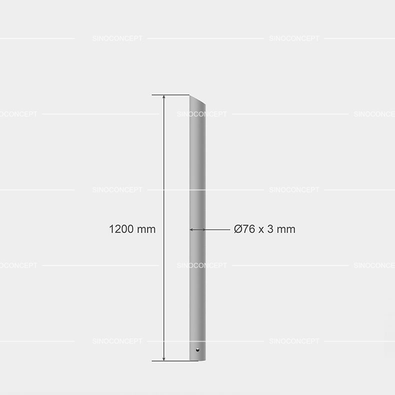 Dimensions 3D potelet en acier anti-stationnement avec tête biseautée, diamètre 76 mm, hauteur 1200 mm.