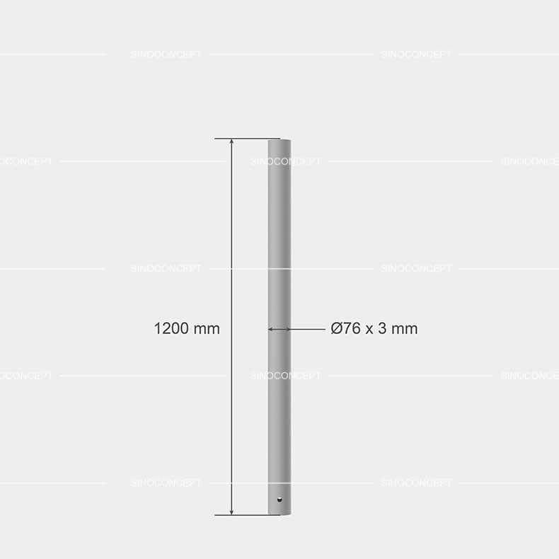 Dimensions 3D potelet plane anti-stationnement, diamètre 76 mm, hauteur 1200 mm.