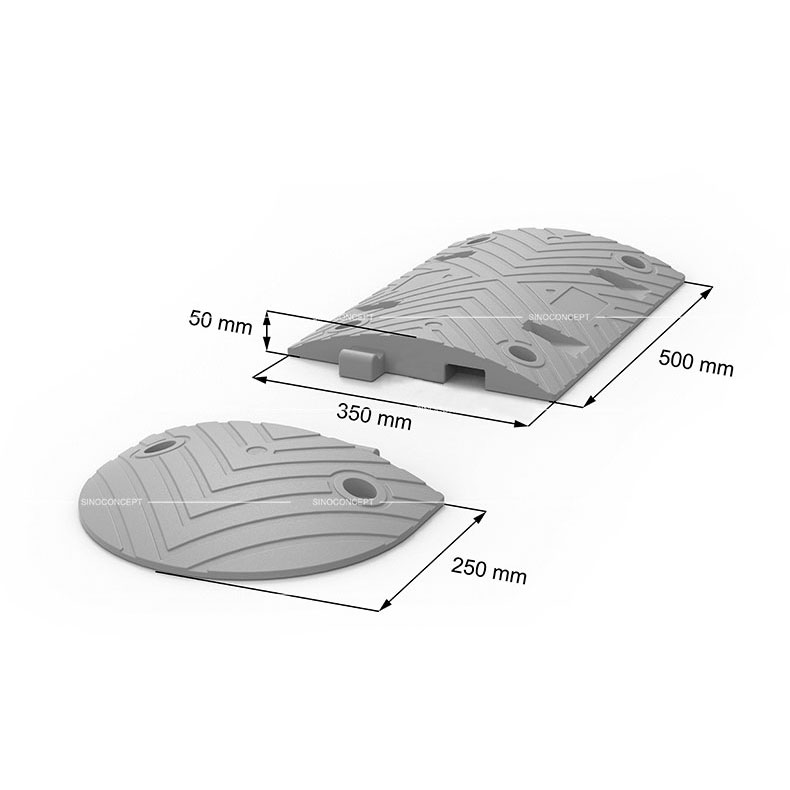 Dessin en 3D montrant les dimensions d'un ralentisseur routier de 5 cm en composite plastique-caoutchouc.