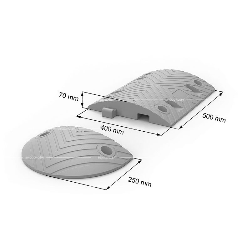 Dessin en 3D montrant les dimensions d'un ralentisseur routier de 7 cm en composite plastique-caoutchouc.