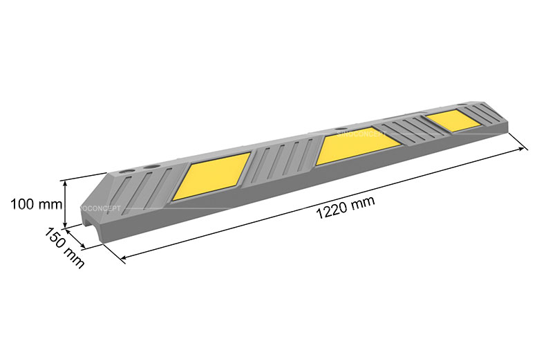 Dimensions de butoir de parking avec bandes réfléchissantes jaunes 1220 mm