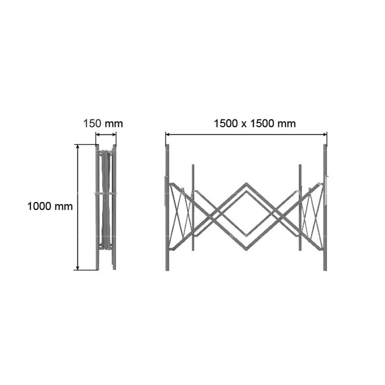 Dimensions barrière extensible de regard de chantier en acier.