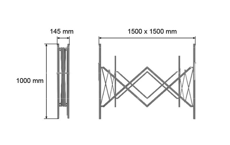 Dimensions barrière extensible de regard de chantier en acier.