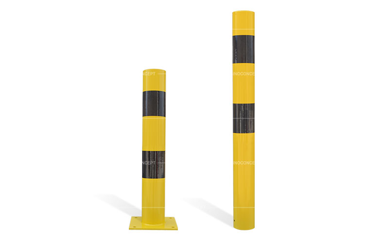 Poteaux de protection jaunes avec bandes réfléchissantes noires